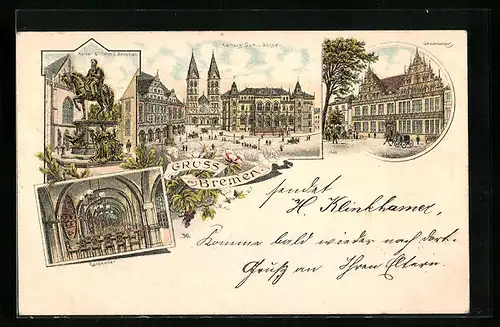 Lithographie Bremen, Restaurant Ratskeller, Kaiser Wilhelm I. Brunnen, Rathaus mit Dom und Börse, Gewerbehaus