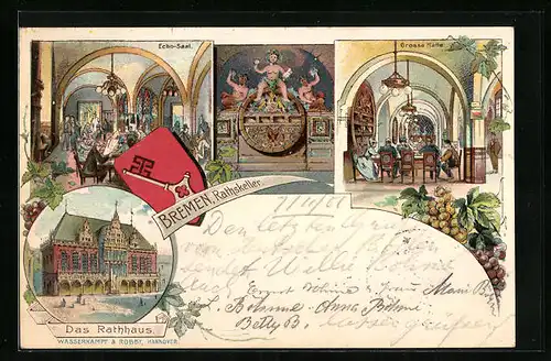 Lithographie Bremen, Restaurant Ratskeller mit Echo-Saal und grosser Halle, Rathaus