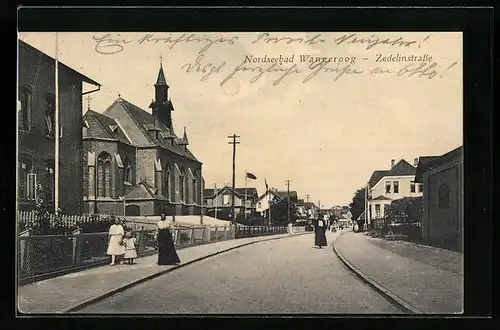 AK Wangeroog, Zedelinstrasse mit Passanten