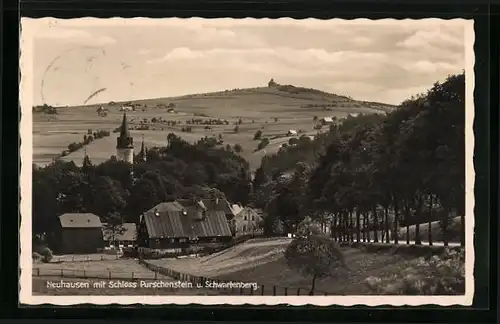 AK Neuhausen, Ortsansicht mit Schloss Purschenstein und Schwartenberg