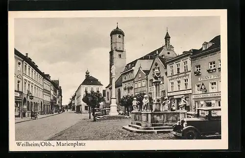 AK Weilheim /Obb., Partie am Marienplatz mit Blick auf Kirche