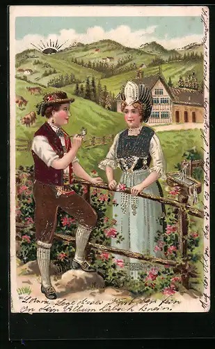 Präge-Lithographie Paar in Tracht beim Flirten in einer sommerlichen Landschaft