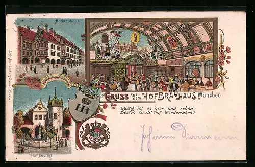 Lithographie München, Hofbräuhaus mit Hof-Ansicht