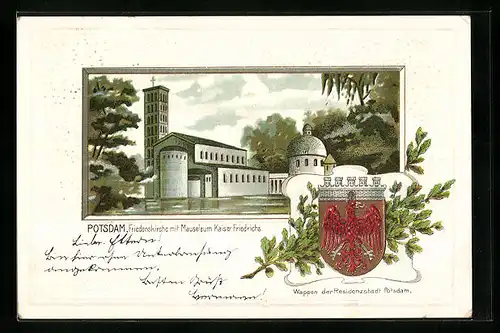 Passepartout-Lithographie Potsdam, Friedenskirche mit Mausoleum Kaiser Friedrichs, Wappen