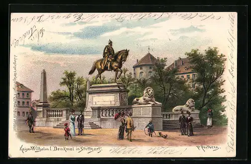 Künstler-AK Friedrich Perlberg: Stuttgart, Partie am Kaiser-Wilhelm I. Denkmal