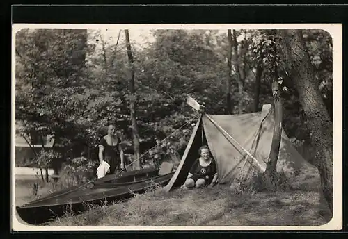 Foto-AK Camper am Zelt mit Kajak