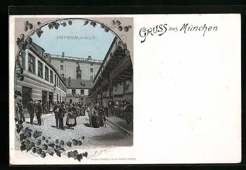 Lithographie Münchner Hofbräuhaus mit Gästen