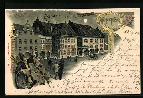 Mondschein-Lithographie Münchner Hofbräuhaus mit Münchner Kindl