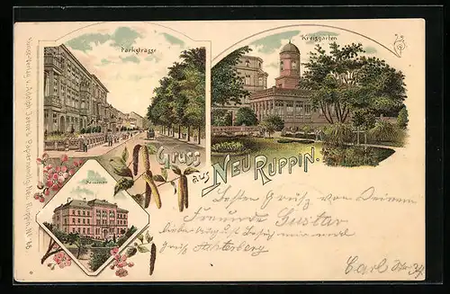 Lithographie Neuruppin, Parkstrasse mit Kreisgarten und Seminar