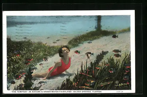 AK Silver Springs, Florida, The Tempter in Nature`s Under-Water Fairyland, Frau im Badeanzug mit Fischen unter Wasser