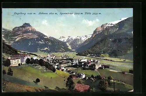 AK Engelberg, Ortsansicht mit Hahnen, Spannörter und Titlis