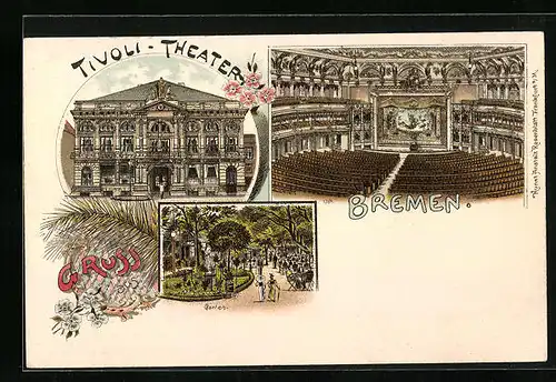 Lithographie Bremen, Tivolitheater mit Innenansicht und Garten