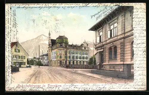 AK Dornbirn, Bahnhofstrasse mit Gasthaus zur Linde