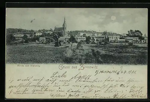 Mondschein-AK Zinnowitz, Panorama mit Kirche und Glienberg