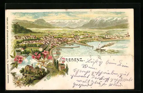 Lithographie Bregenz, Ortsansicht aus der Vogelschau mit Bodensee