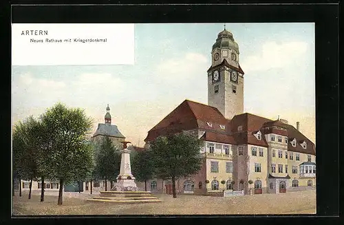 AK Artern, Neues Rathaus mit Kriegerdenkmal