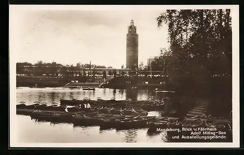 AK Magdeburg, Blick v. Fährhaus auf Adolf Mittagsee und Ausstellungsgelände