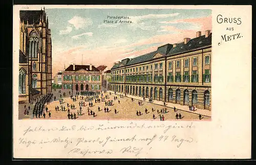 Lithographie Metz, Passanten am Paradeplatz