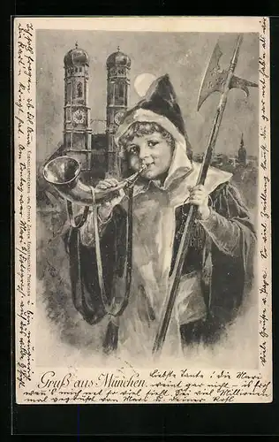 Künstler-AK München, Münchner Kindl mit Horn bei Mondschein, Im Hintergrund Frauenkirche