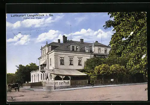 AK Langebrück i. Sa., Hotel zur Post mit Kutsche