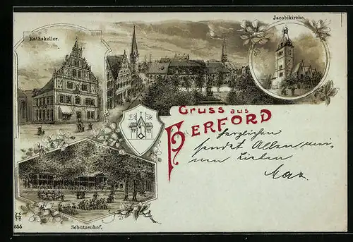 Lithographie Herford, Totalansicht mit Rathskeller