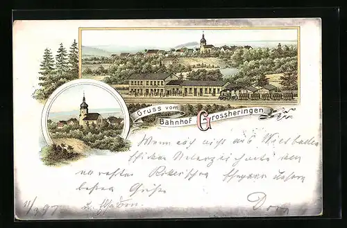 Lithographie Grossheringen, Bahnhof mit Blick auf den Ort, Ortspartie mit Kirche