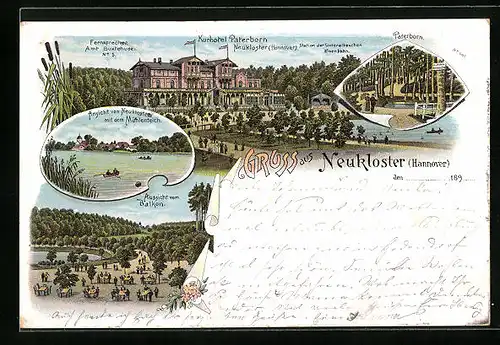 Lithographie Neukloster /Hannover, Kurhotel Paterborn Neukloster u. Station der Unterelbeschen Eisenbahn