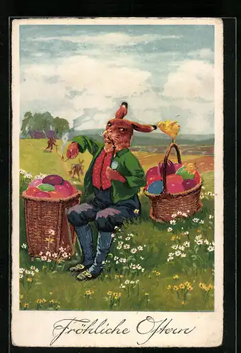 Künstler-AK Osterhase raucht Pfeife auf der Wiese, Fröhliche Ostern