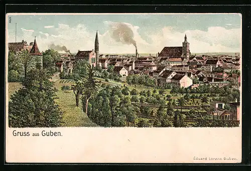 Lithographie Guben, Totalansicht aus der Vogelschau