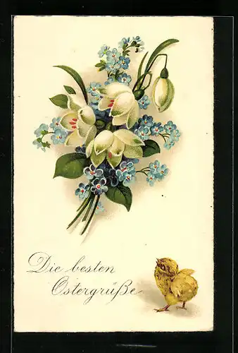 Künstler-AK Die besten Ostergrüsse, Osterküken mit Blumenstrauss