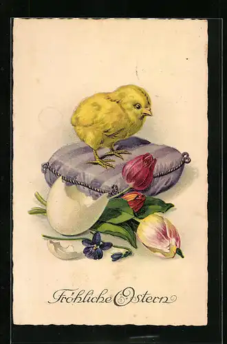 Künstler-AK Fröhliche Ostern, Osterküken mit Tulpen