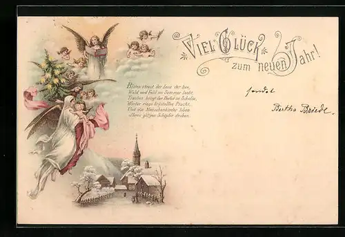 Lithographie Viel Glück im neuen Jahre, Neujahrsengel