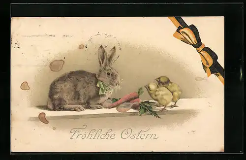 Künstler-AK Fröhliche Ostern, Osterhase mit Küken und Möhren