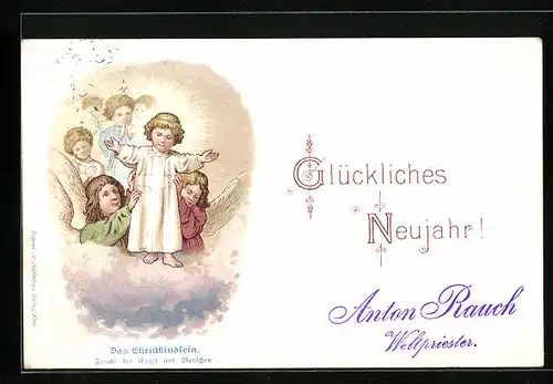 Lithographie Glückliches Neujahr, Neujahrsengel mit Christkindlein