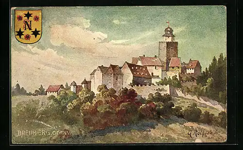 Künstler-AK Neustadt i. O., Ortsansicht Breuberg mit Wappen