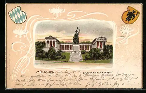 Passepartout-Lithographie München, Bvaria und Ruhmeshalle, Bayrisches Wappen, Kindl, Ornamente