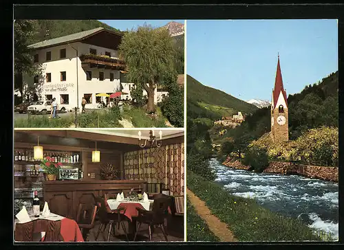 AK Sand in Taufers, Gasthof Zur Alten Mühle, Innenansicht, Uferpartie mit Kirche