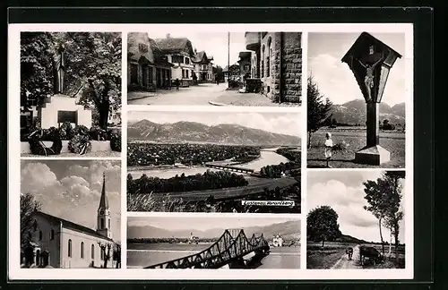 AK Lustenau, Panorama, Wegkreuz, Denkmal, Kirche und Strasse