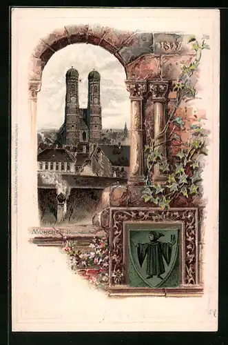 Passepartout-Lithographie München, Frauenkirche mit Wappen und Münchner Kindl