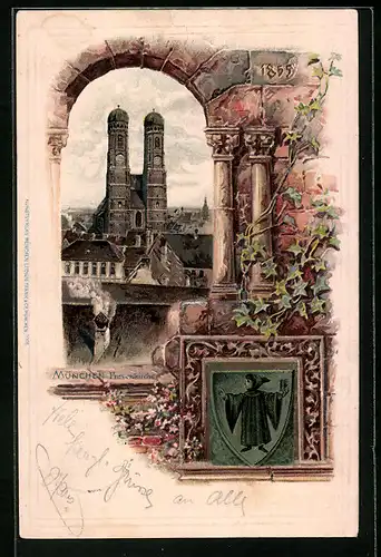 Passepartout-Lithographie München, Frauenkirche mit Wappen und Münchner Kindl