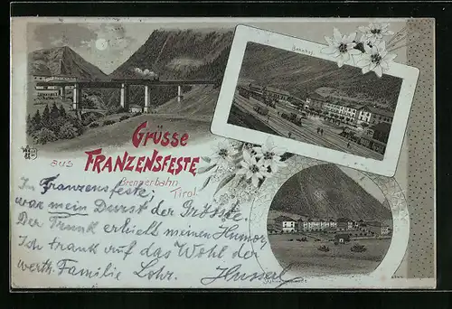 Mondschein-Lithographie Franzensfeste, Ortsansicht mit Bahnhof