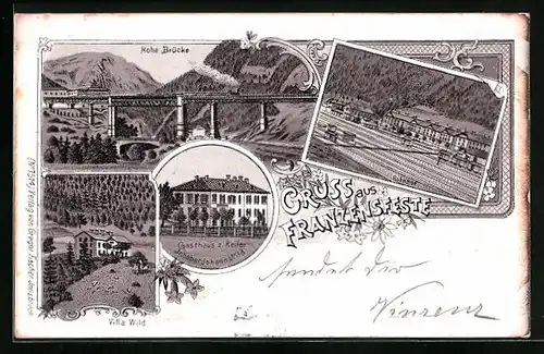 Lithographie Franzensfeste, Hohe Brücke, Gasthaus zum Reiter und Villa Wild