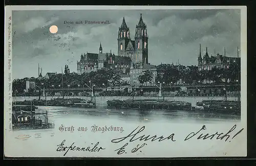 Mondschein-Lithographie Magdeburg, Dom mit Fürstenwall, Halt gegen das Licht: Mondschein und Fensterbeleuchtung