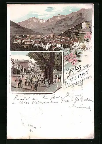 Lithographie Meran, Totalansicht mit Kurhaus und Promenade