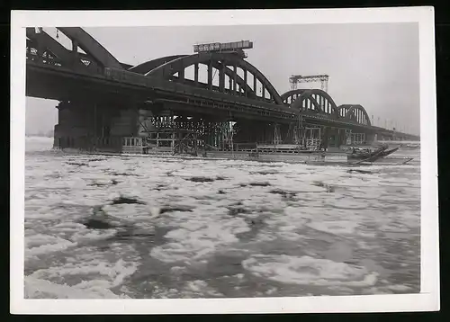 Fotografie Ansicht Wien-Floridsdorf, Brückenbau Kaiser Franz Joseph Brücke, Donau-Eisgang an der Brückenbaustelle