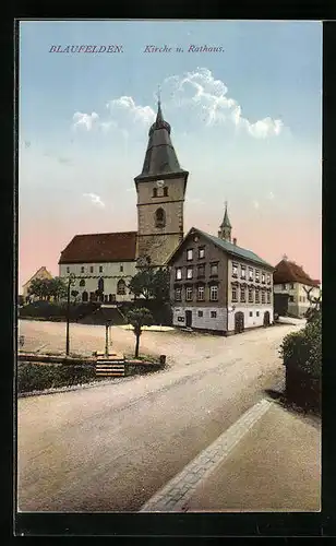 AK Blaufelden, Strassenpartie mit Kirche und Rathaus