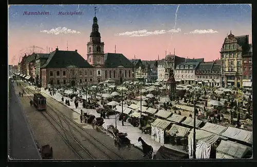 AK Mannheim, Strassenbahn am Marktplatz