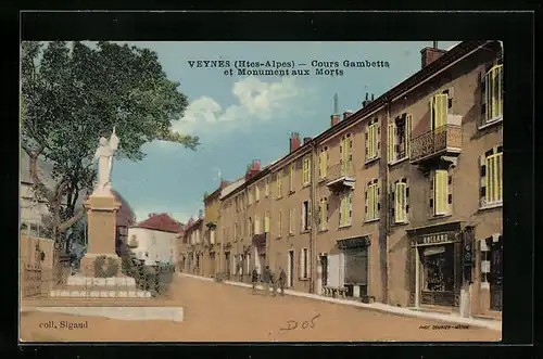 AK Veynes, Cours Gambetta et Monument aux Morts