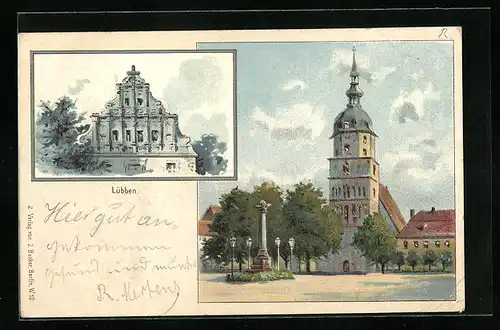 Lithographie Lübben, Kirche und Denkmal, kunstvoller Giebel