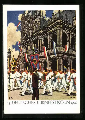 Künstler-AK Köln, 14. deutsches Turnfest 1928, Festzug am Rathaus